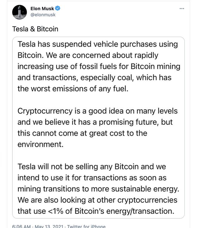 马斯克：已暂停使用比特币支付，正思量使用其他加密钱币