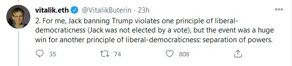 以太坊创始人罕见声援特朗普，呼吁使用去中心化的社交渠道